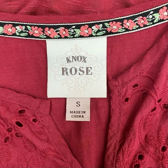 Knox Rose Flutter Sleeve Eyelet Peasant Boho Top Maroon Size Small - Picture 5 of 6